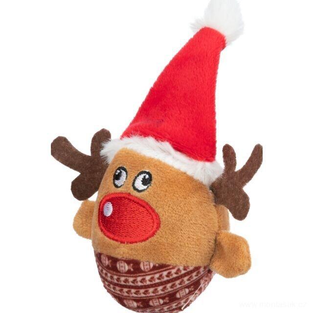 Vánoční hračka pro kočky a malé psy, Xmas REINDEER - vánoční plyšový míček sob, chrastící