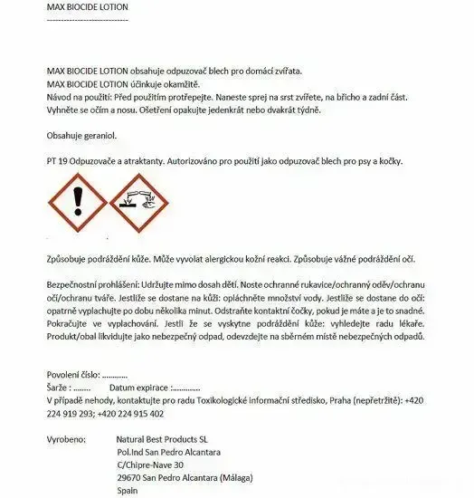 Max Biocide Lotion spray repelentní sprej pro zvířata