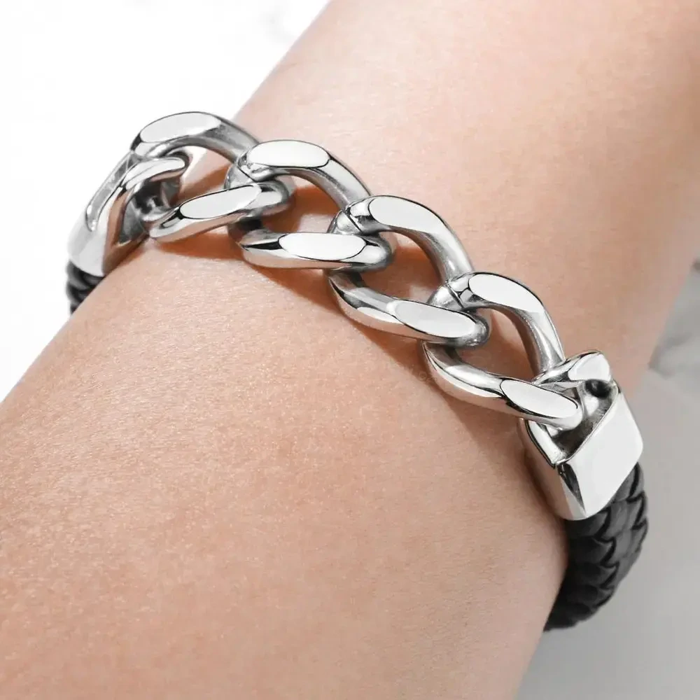 Pánský kožený náramek s řetězem