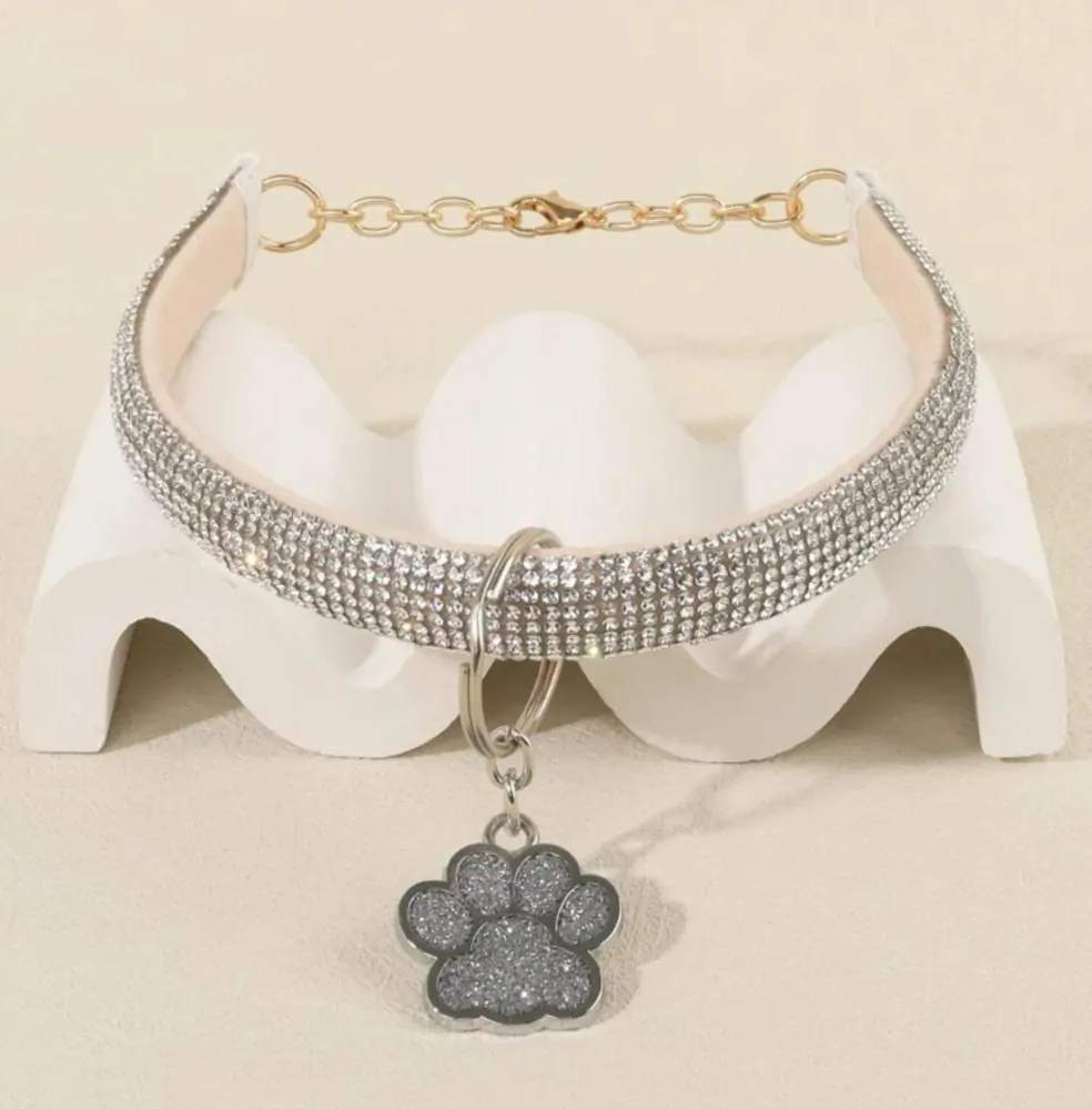 Štrasový náhrdelník pro psa, kočku stříbrný