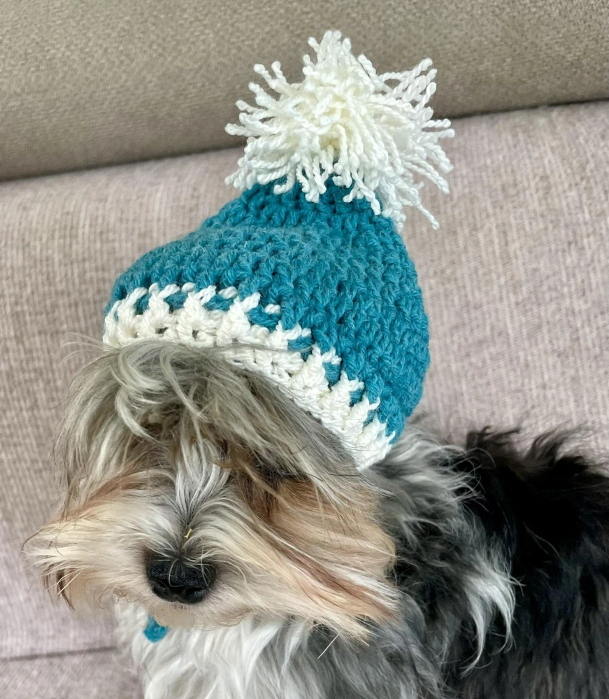 Háčkovaná zimní čepice pro psa bílá