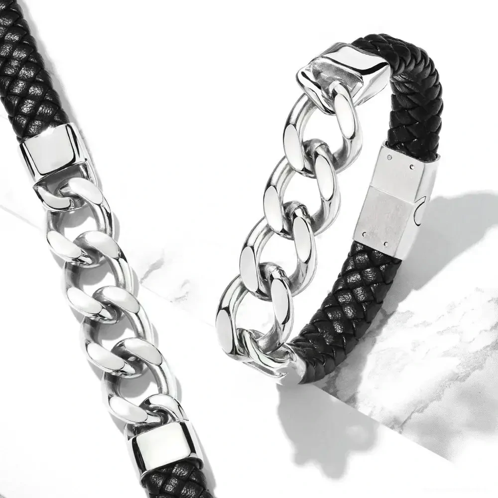 Pánský kožený náramek s řetězem