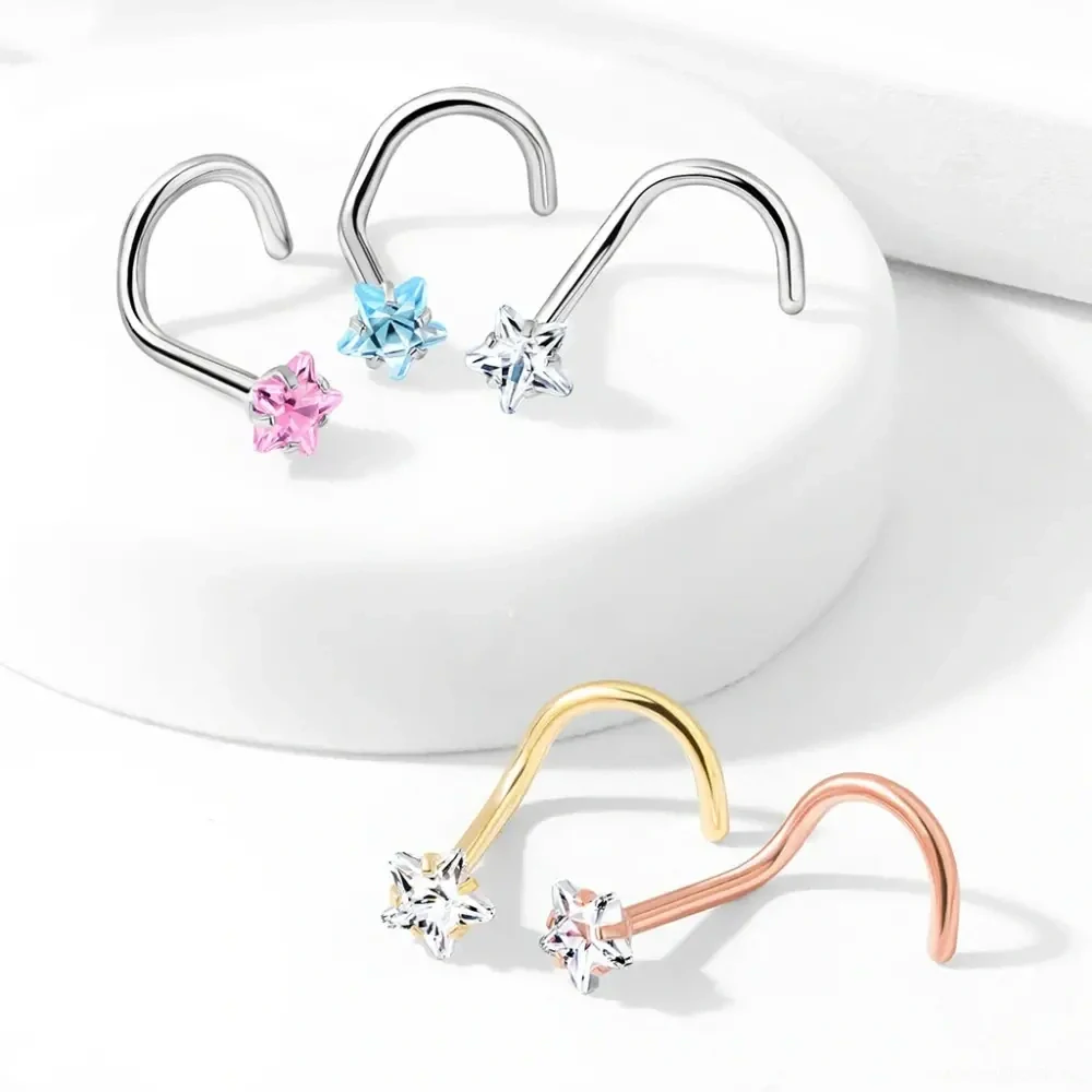 Zahnutý piercing do nosu hvězda růžová