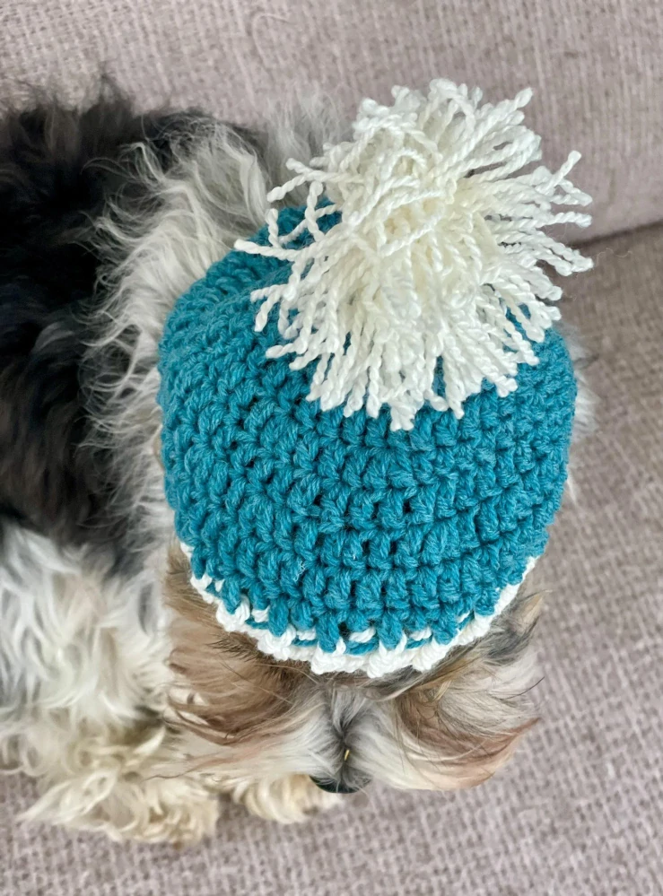 Háčkovaná zimní čepice pro psa bílá