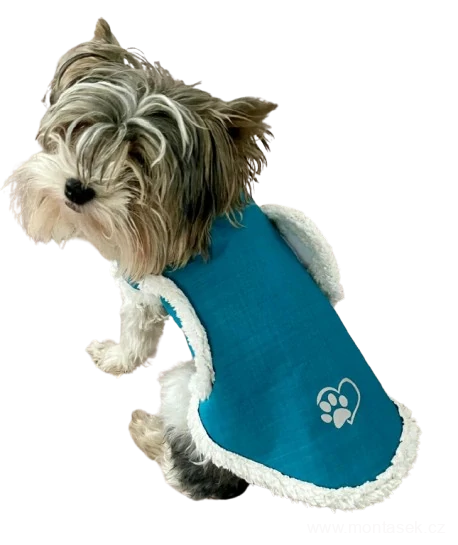 Zimní vesta pro fenky s kožíškem tyrkysová s tlapkou