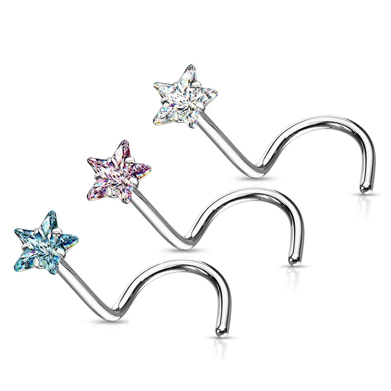 Zahnutý piercing do nosu hvězda růžová