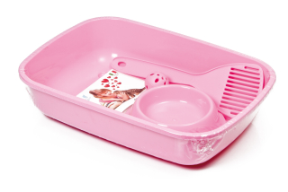 Růžová souprava pro kočku wc, miska, hračka