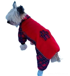 Červená zimní kombineza pro psy s tlapkou