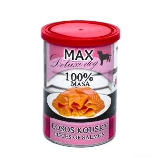 Masové konzervy pro psy MAX Deluxe kousky lososa 400g